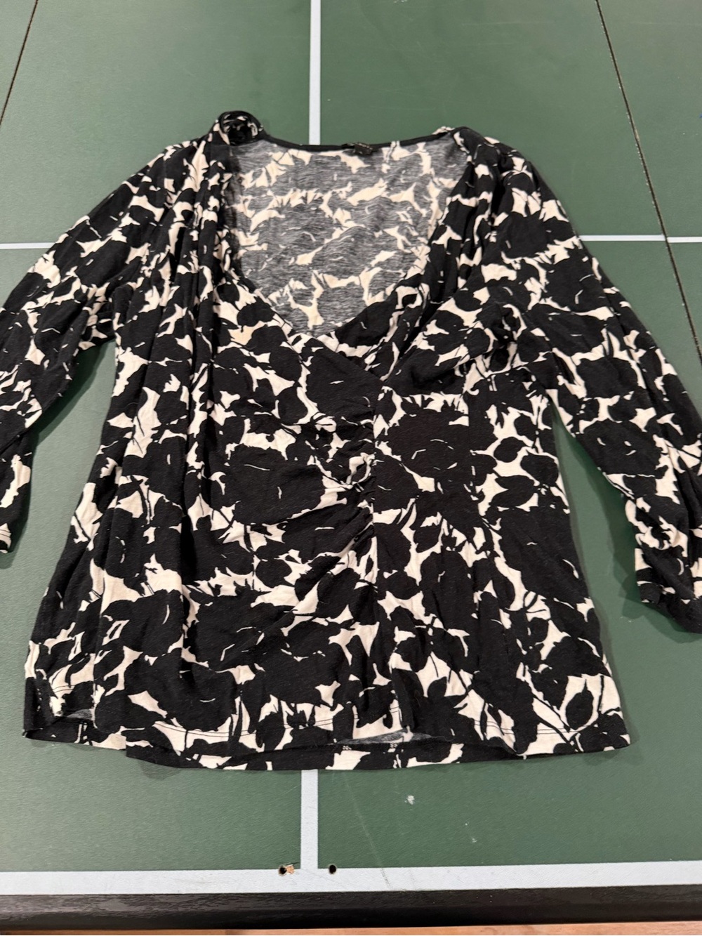 Talbots Black and White Floral Surplice Blouse